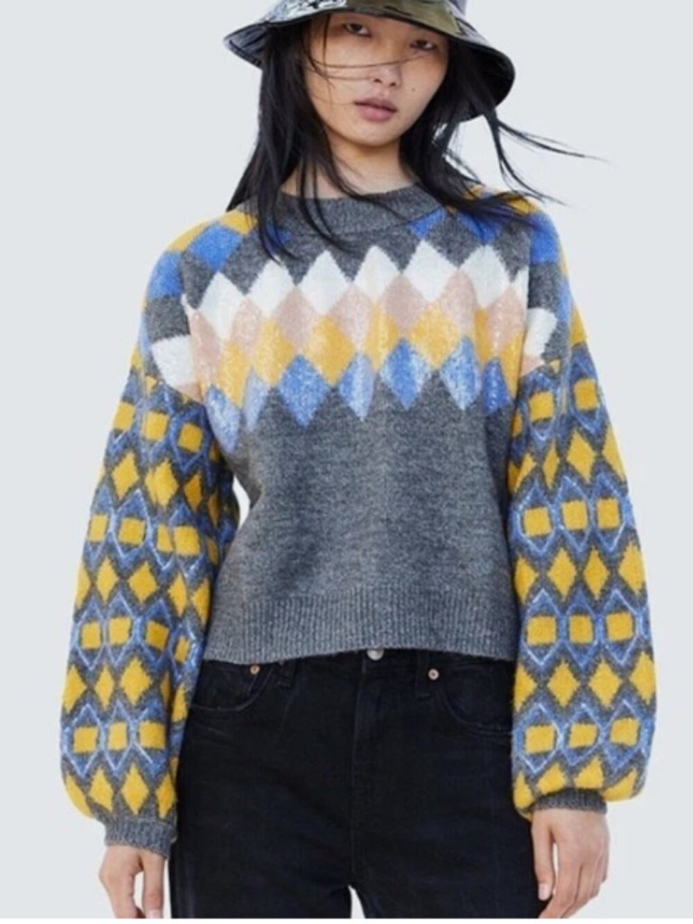 Zara gray argyle print sequin knit sweater cropped balloon sleeve cozy medium‎